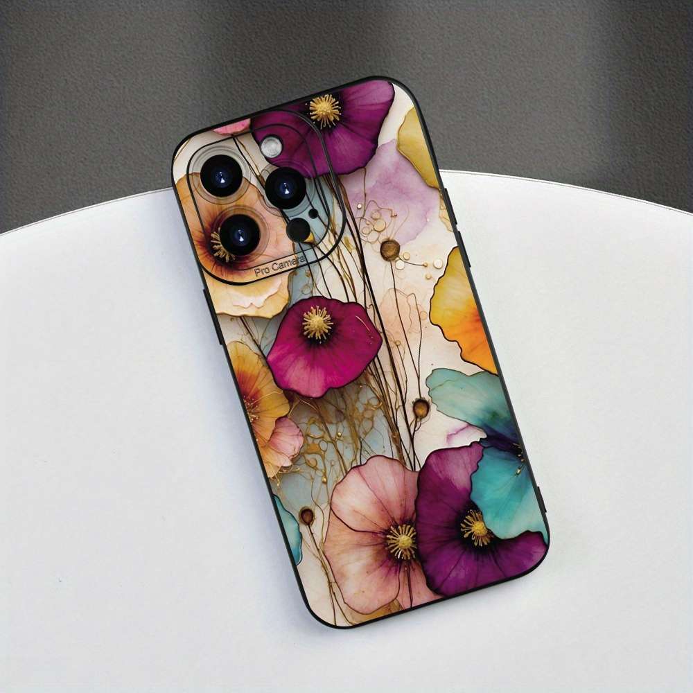 1Pc Black For iPhone 15 Retro Flower Phone Case