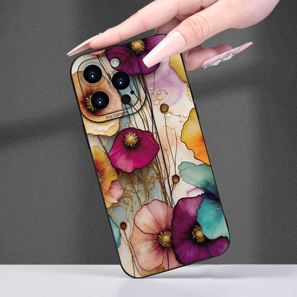1Pc Black For iPhone 15 Retro Flower Phone Case