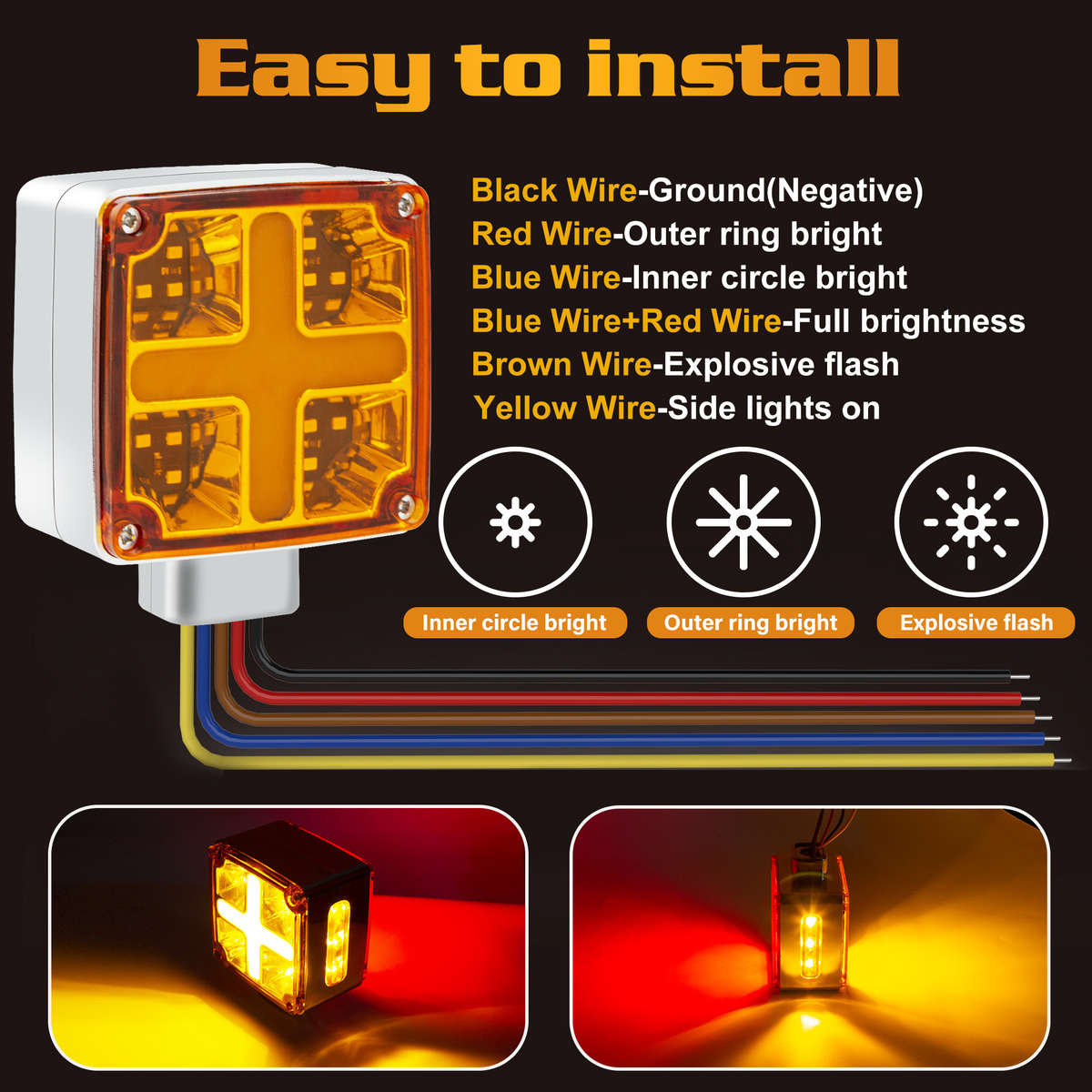 2pcs Amber-Red Square Double Face Turn Signal Lights Truck Fender Pedestal Light Rep