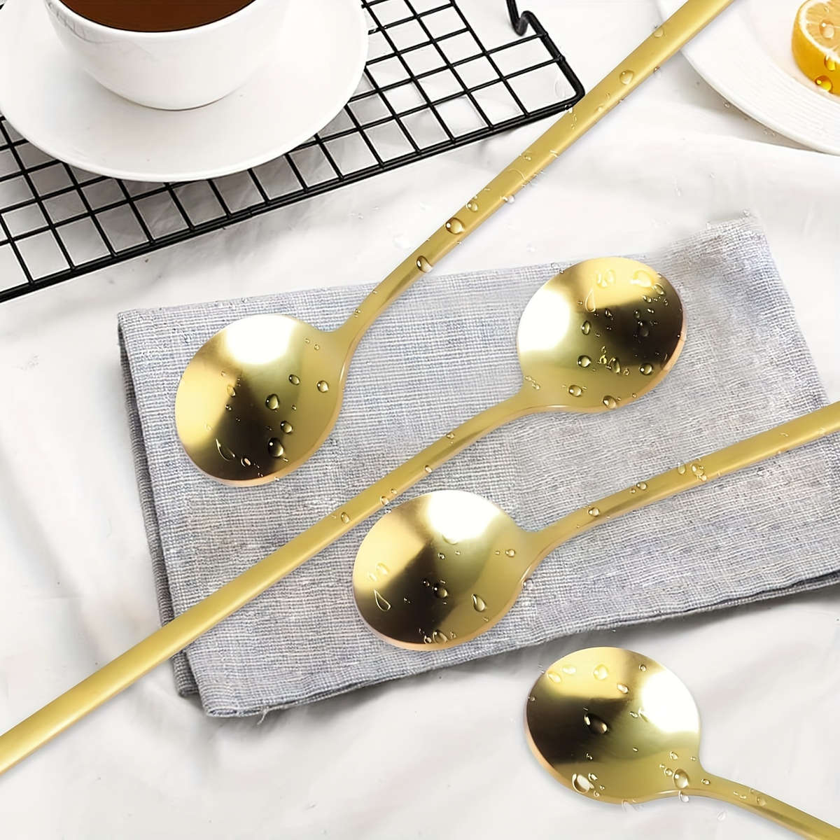 4pcs Golden Stainless Steel Spoons with Long Handles Ideal for Coffee Tea Ice Cream and De