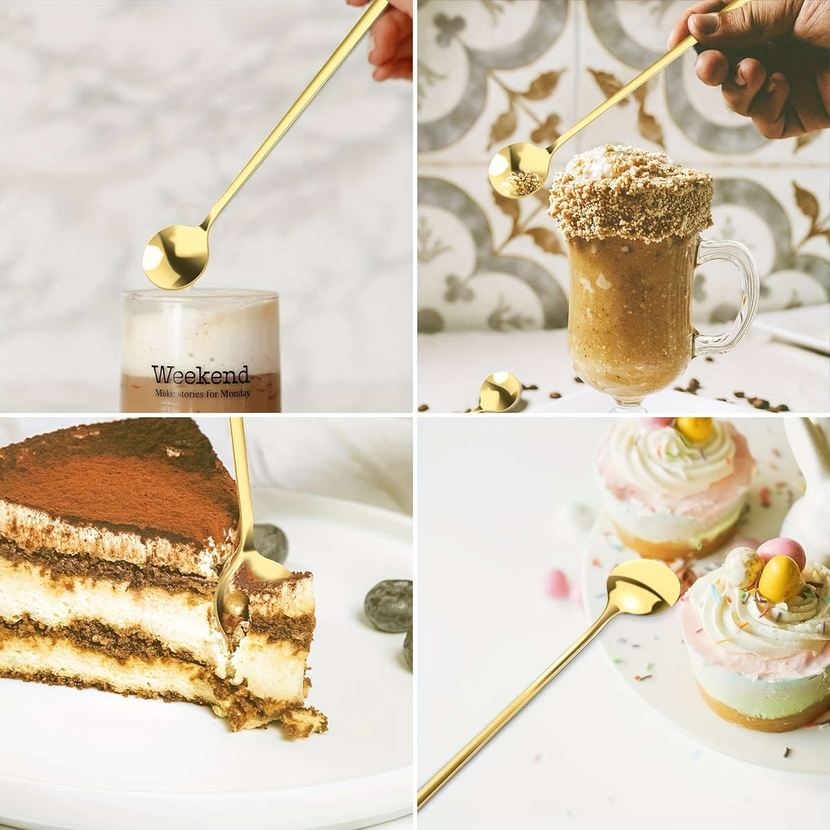 4pcs Golden Stainless Steel Spoons with Long Handles Ideal for Coffee Tea Ice Cream and De