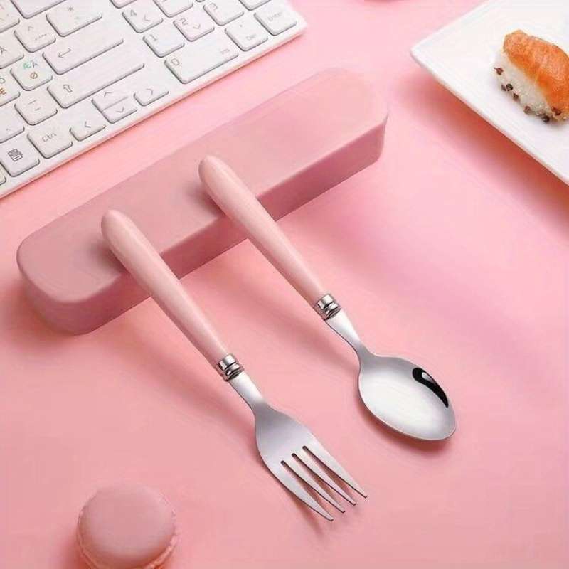 2pcs Stainless Steel Utensil Set with Storage Box Portable Spoon and Fork Available in Green