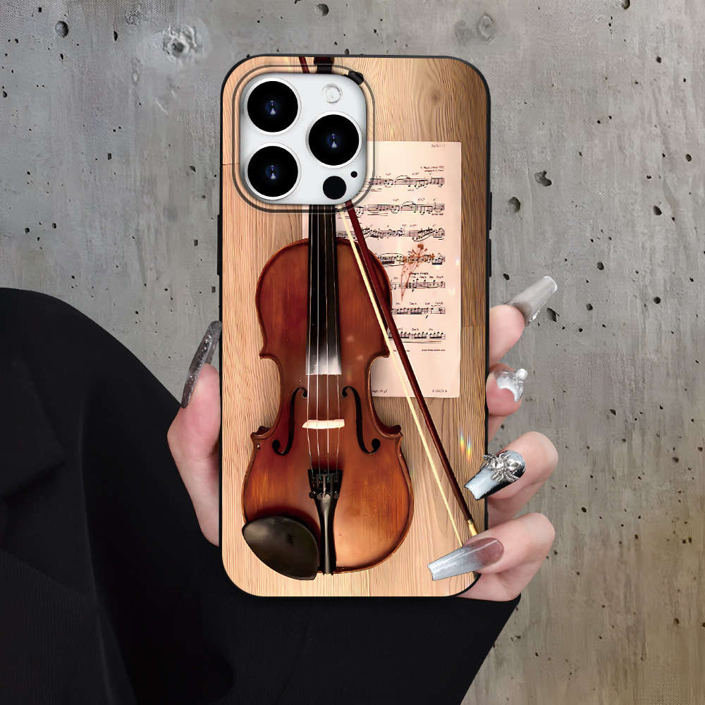 1Pc Black For iPhone 15 Plus Violin Sheet Music Pattern Phone Case