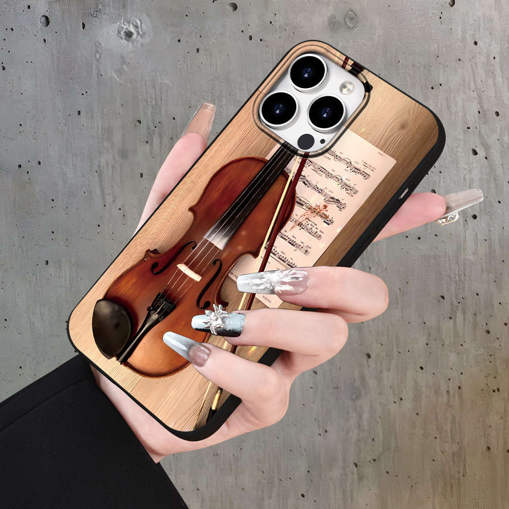 1Pc Black For iPhone 15 Plus Violin Sheet Music Pattern Phone Case