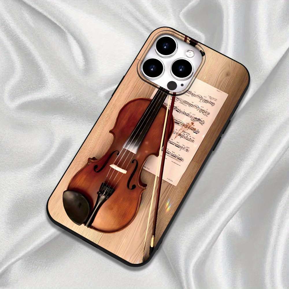 1Pc Black For iPhone 15 Plus Violin Sheet Music Pattern Phone Case