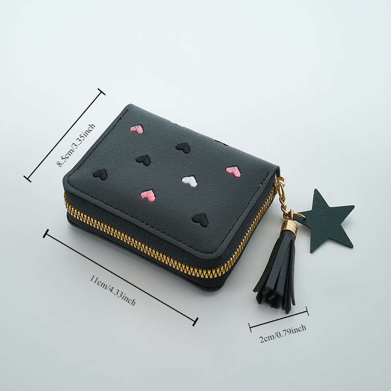 Honey Girl Short Wallet Heart Embroidery Zipper Closure Polyester Lining Unisex With M
