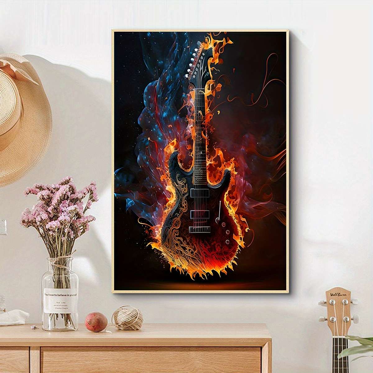 Cocboni Classic Fabric Guitar Wall Art Canvas Unframed Fire And Ice Guitar Poster For Bed