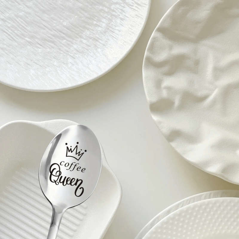 1pc 2.54 cmCoffee Queen  Engraved Stainless Steel Spoon with Crown Design Ideal Gift for Mom