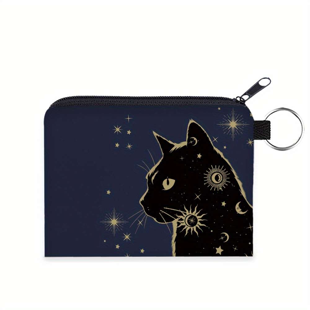 Starry Night Cat Print Polyester Coin Purseportable Key Card Holder Zippered Earbud Pouch