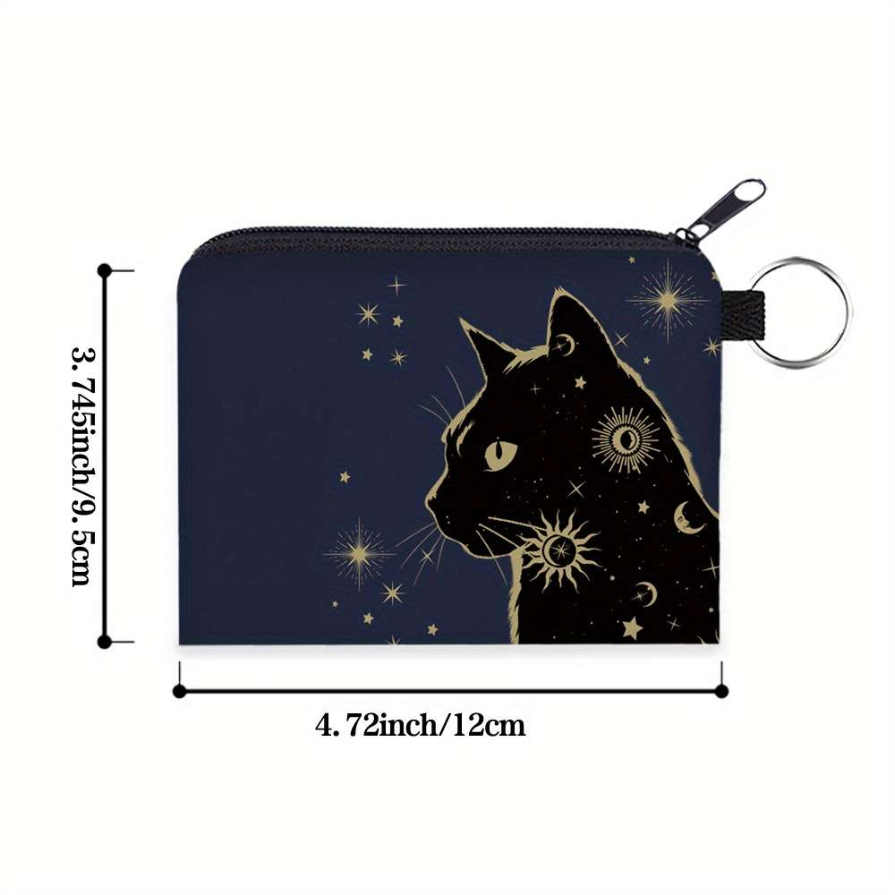 Starry Night Cat Print Polyester Coin Purseportable Key Card Holder Zippered Earbud Pouch