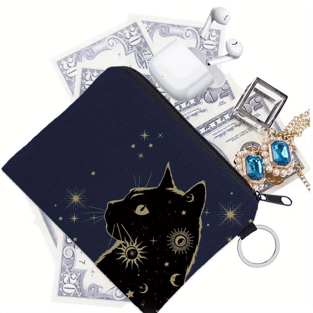 Starry Night Cat Print Polyester Coin Purseportable Key Card Holder Zippered Earbud Pouch