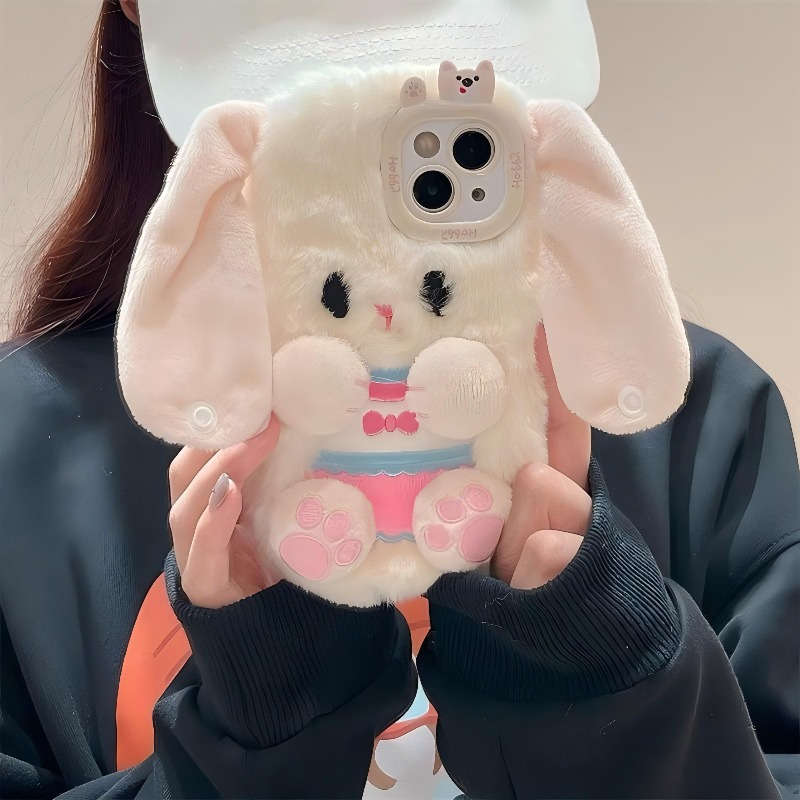 1Pc White For iPhone 14 Pro Plush Cute 3D Bunny Phone Case