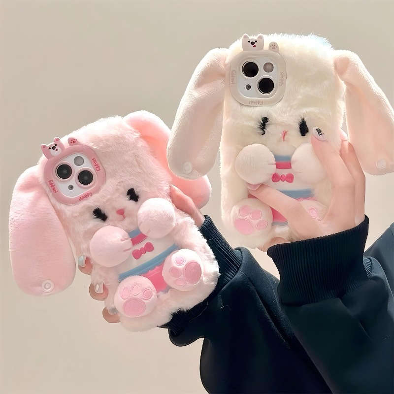 1Pc White For iPhone 14 Pro Plush Cute 3D Bunny Phone Case