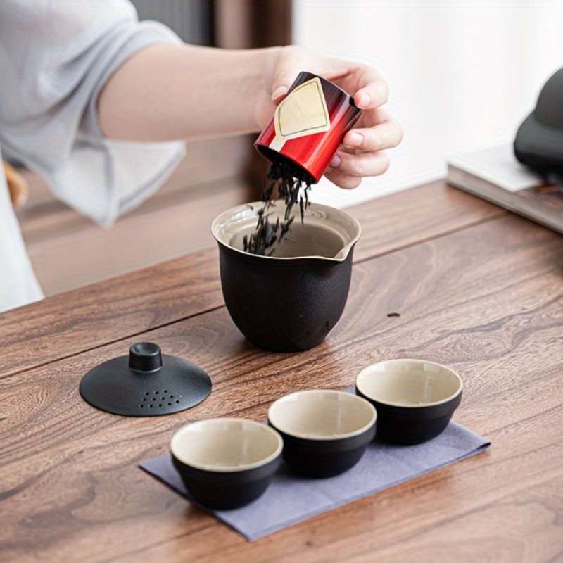 Portable Travel Tea Set Capsule Storage Including 1 Teapot 3 Cups Tea Towel