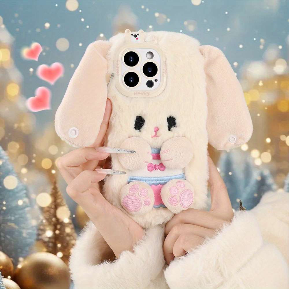 1Pc White For iPhone 16 Pro Max Plush Big Eared Rabbit Phone Case