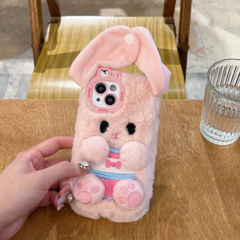 1Pc White For iPhone 16 Pro Max Plush Big Eared Rabbit Phone Case