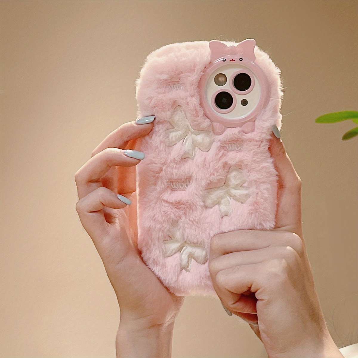 1Pc White For iPhone 15 Pro Max Plush Bow Tie Pattern Phone Case