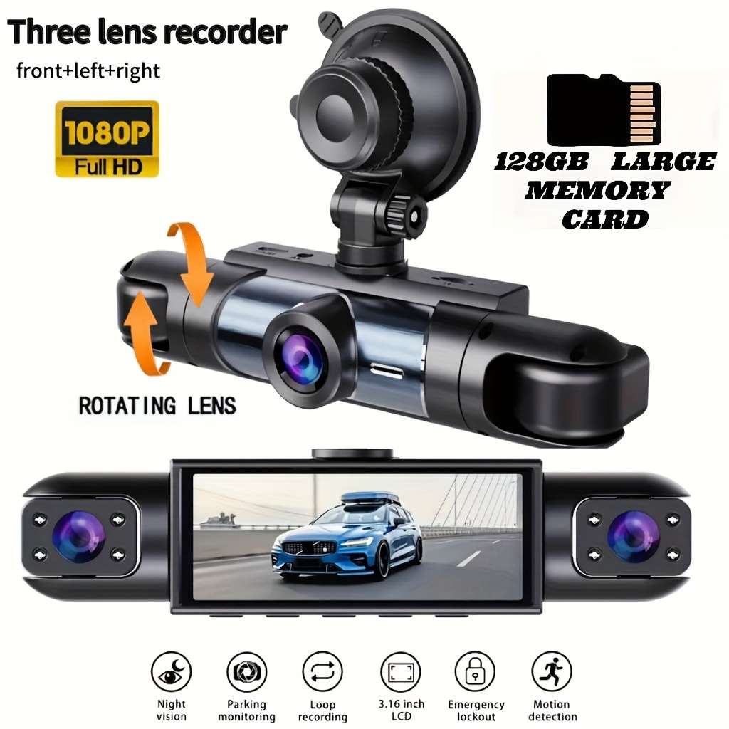 Dashcam Model Three Cameras In Front Left And Right  With 64Gb Card