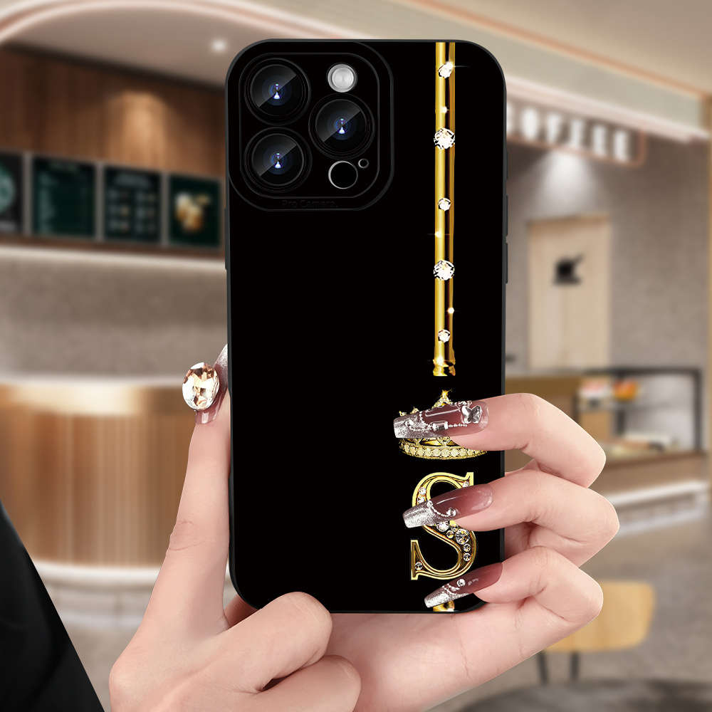 1Pc Black For iPhone 16 Pro Crown Diamond Letter S Phone Case