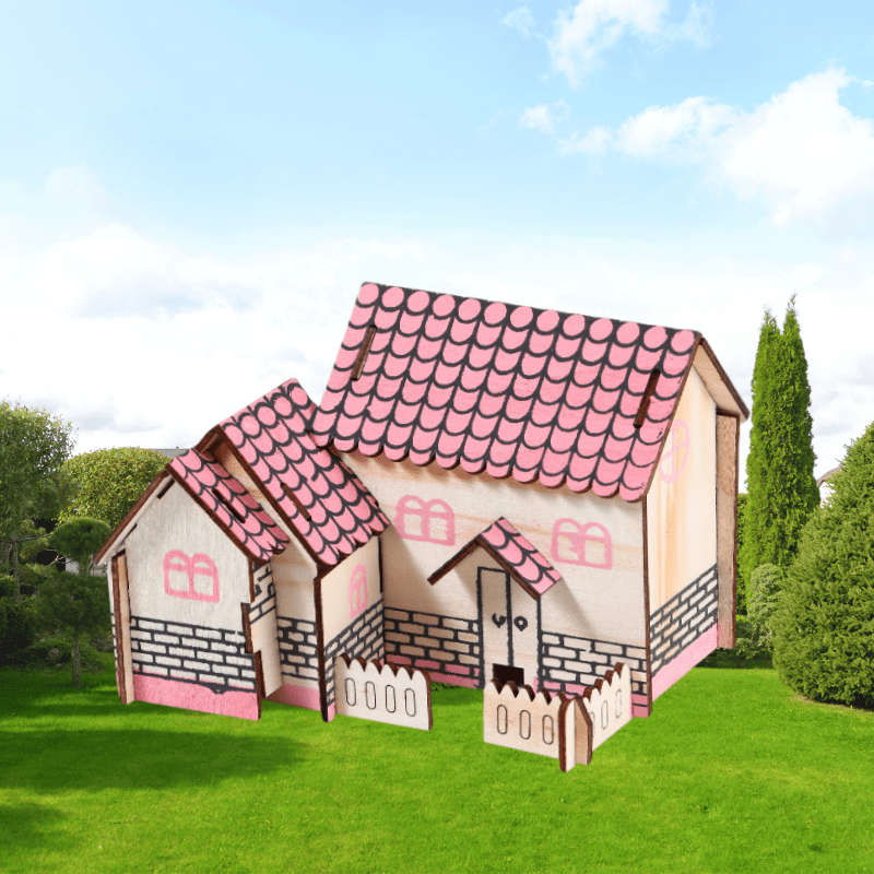 3D Building Model Puzzle Set Style Pink House