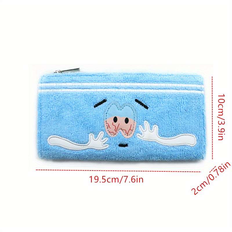 Sky Blue Cartoon Plush Zip Wallet Large Capacity Card Holder With Smiling Face Design Soft S
