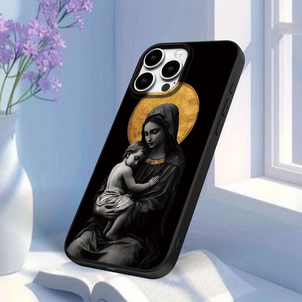 1Pc Black For iPhone 16 Pro Virgin Mary Jesus Phone Case
