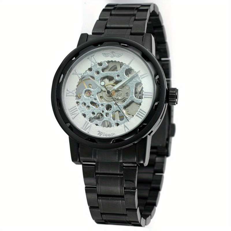 Modern Mens Mechanical Watch Skeleton Dial Full Black Dial Alloy Case