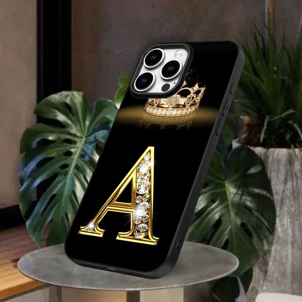 1Pc Black For iPhone 14 Plus Crown Letter A Pattern Phone Case