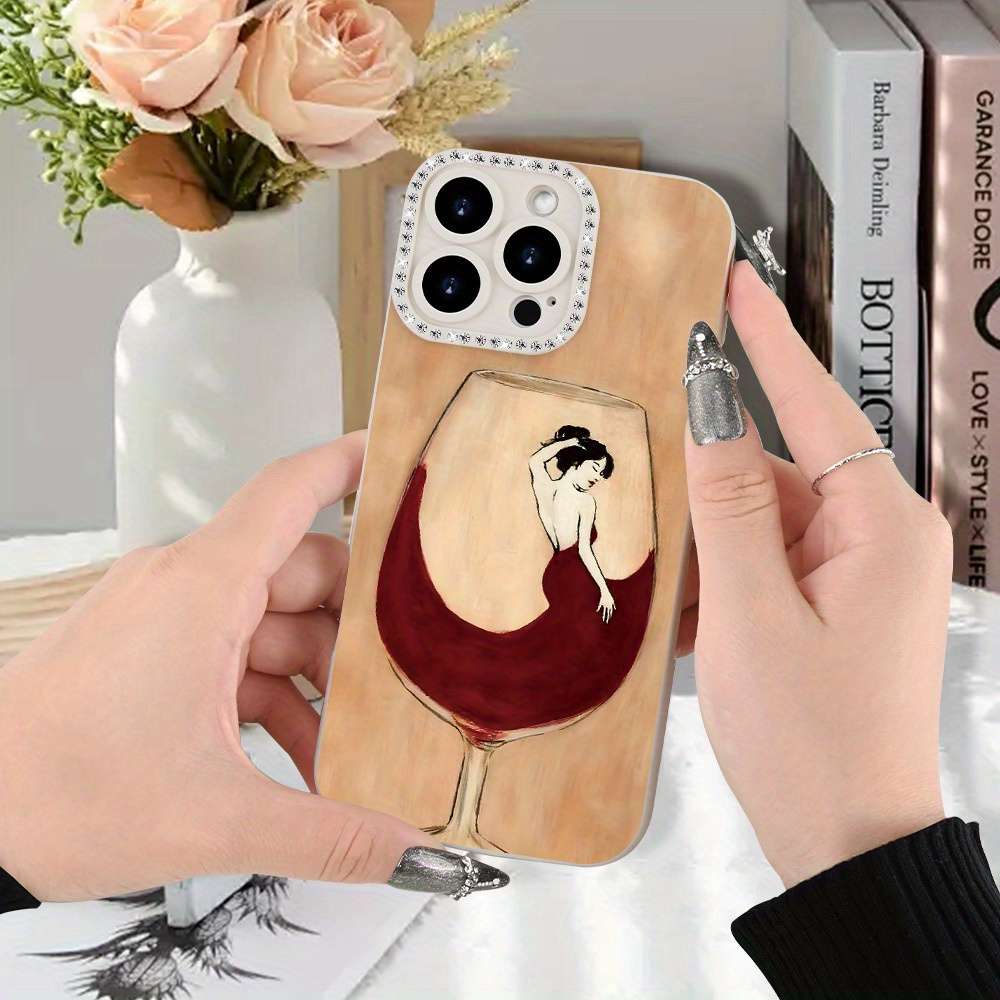 1Pc Ivory White For iPhone 16 Red Wine Print Phone Case