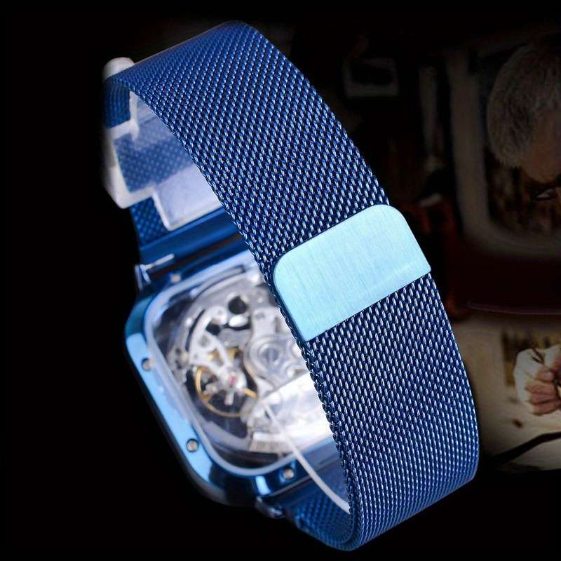 Modern Mens New Blue Square Features Skeleton Design Magnetic Meshcolor Black