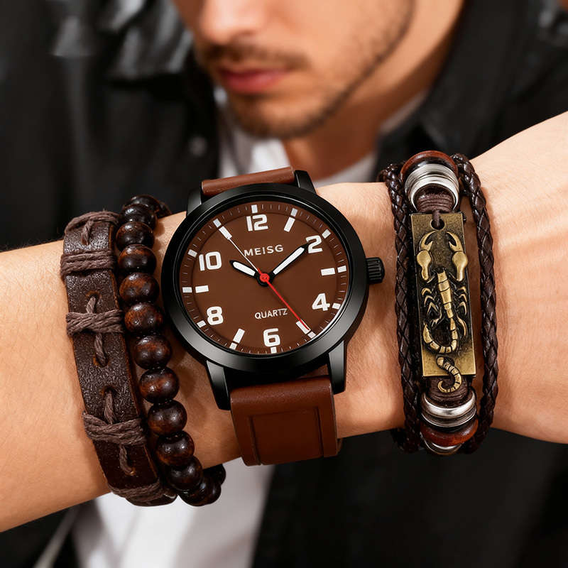 4Pcs Men Elegant Quartz Watch And Bracelet Set Fashionable Brown With