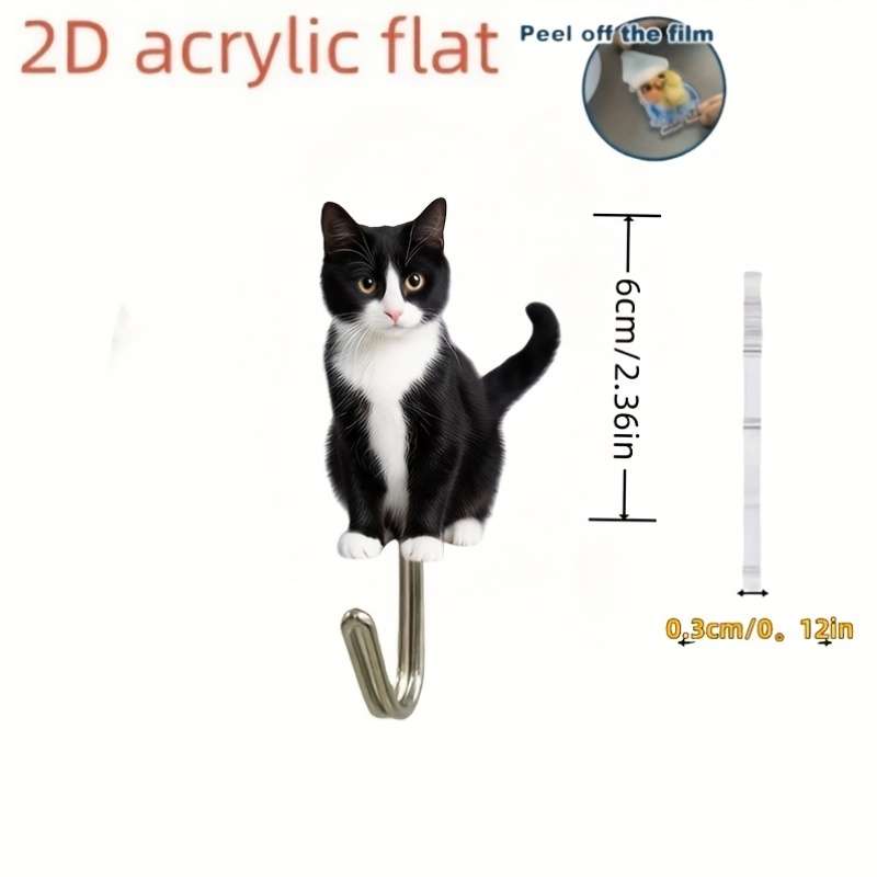 Cute Black White Kitten Wall Hook With Adhesive Backing No