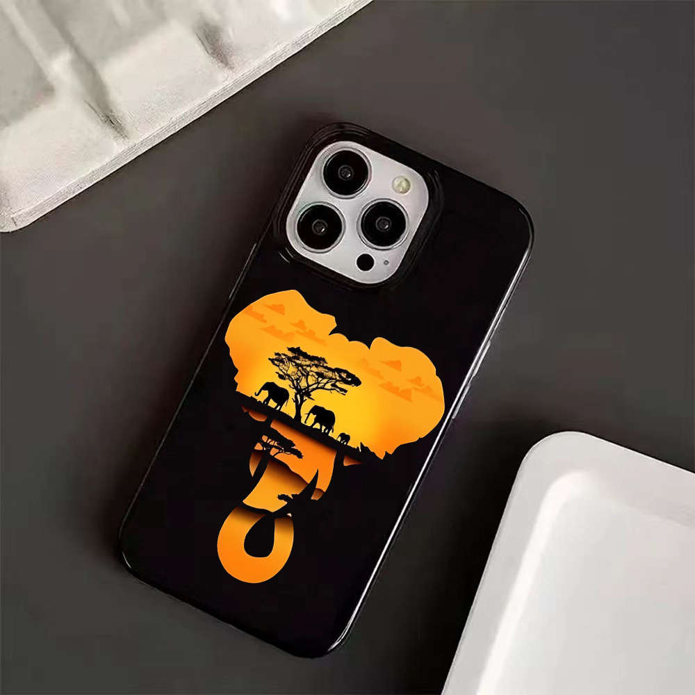 1Pc Black For iPhone 15 Plus Twilight Elephant Pattern Phone Case