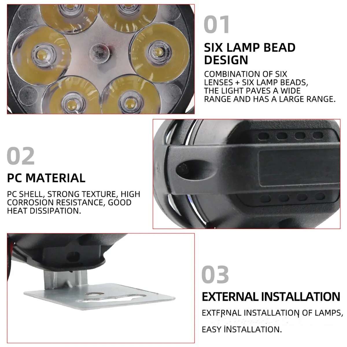 2pcs 12V LED Work Lights for Motorcycles Featuring 6 Leds Suitable for Various Uses