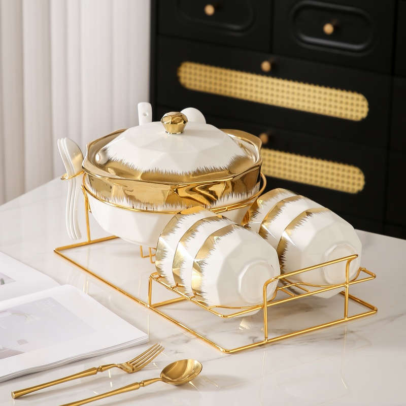 Bowl Color White 1 Soup Pot  1 Iron Rack  6 Bowls  7 Spoons