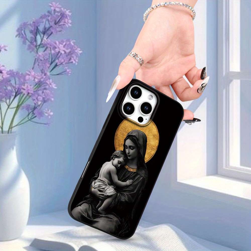 1Pc Black For iPhone 16 Pro Virgin Mary Jesus Phone Case