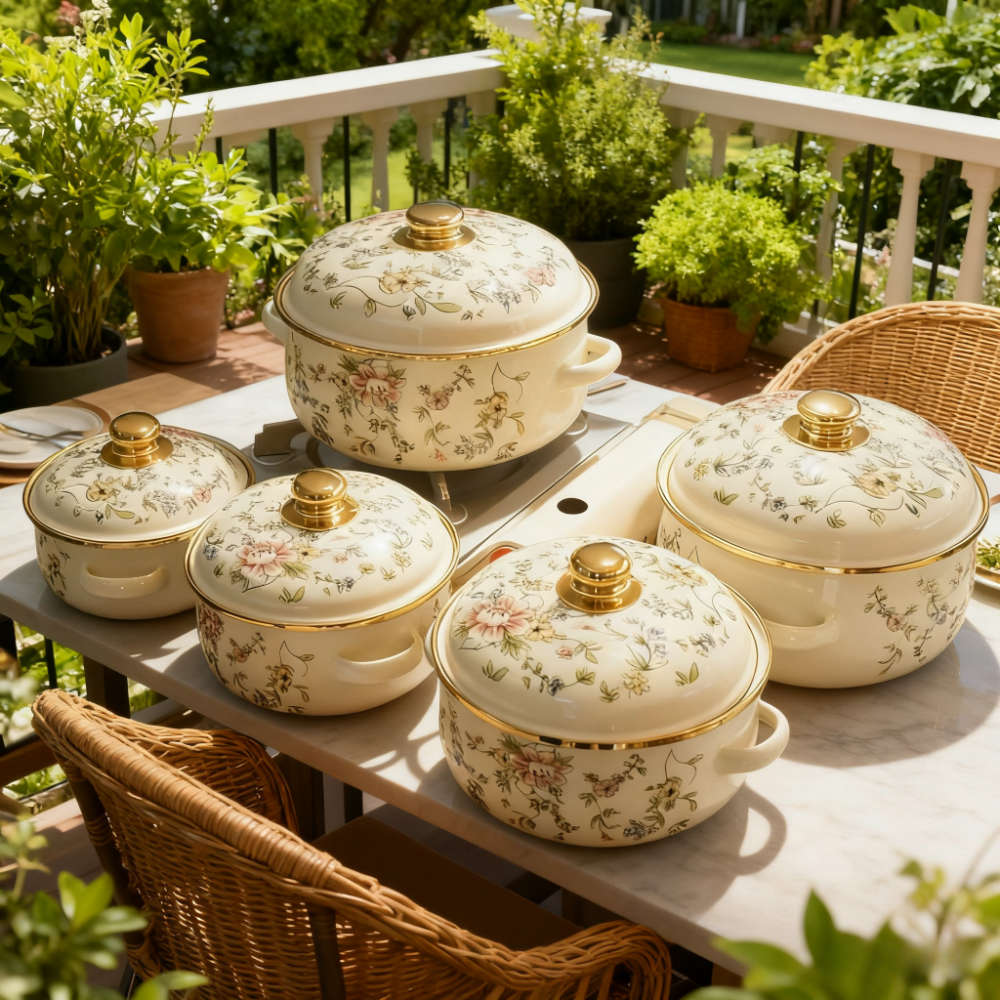 5Pcs Classic Vintage Enamel Cookware Set With Heavy Restaurant