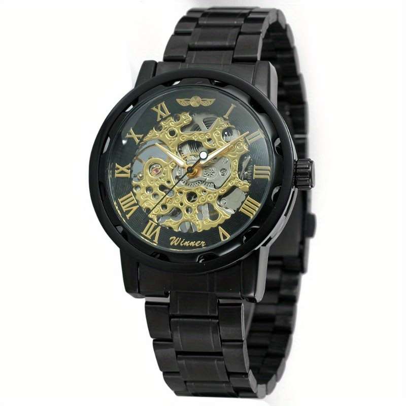 Modern Mens Mechanical Watch Skeleton Dial Full Black Dial Alloy Case