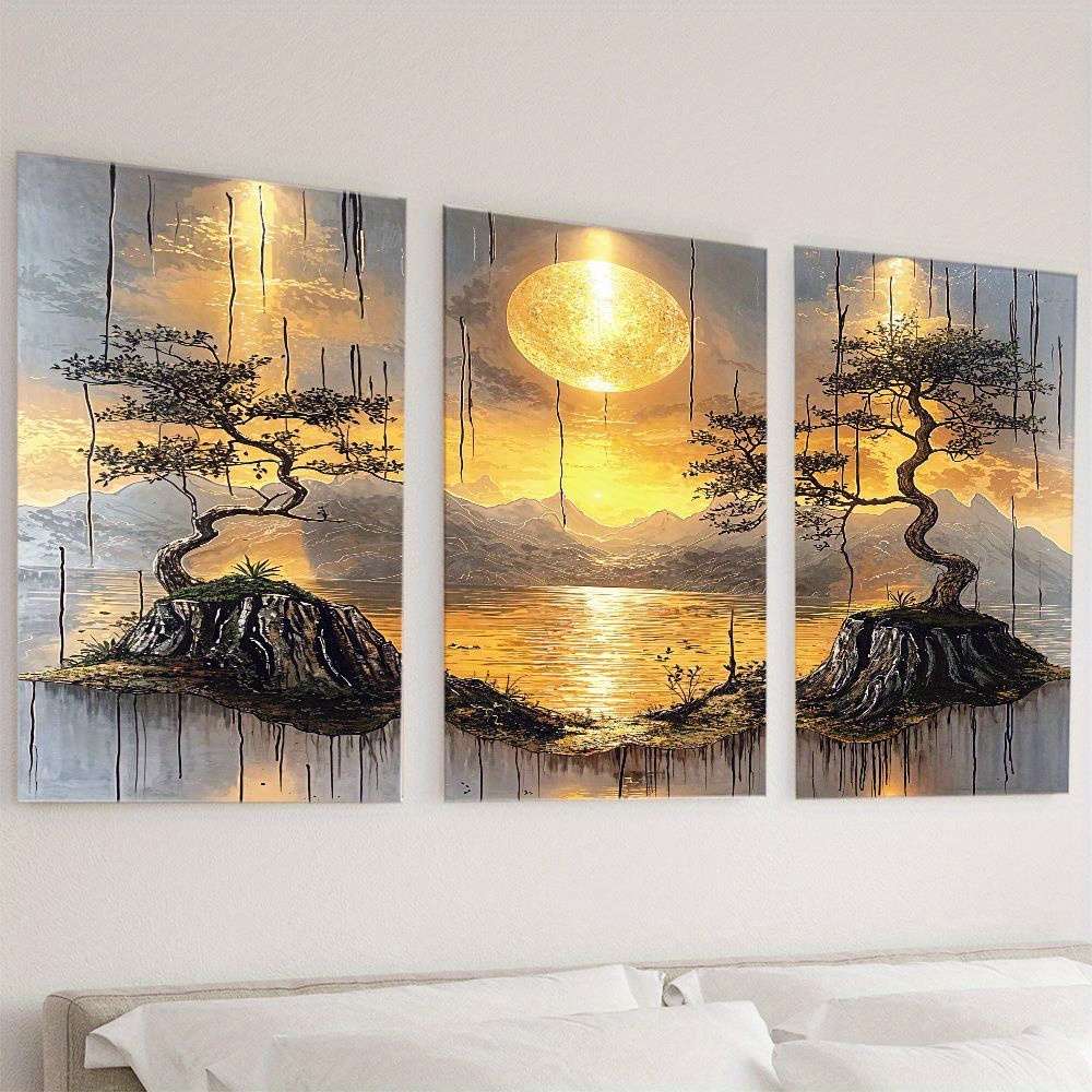3Pcs Classic Leaflure Bonsai Tree Wall Art Golden Sun Mountain Living Room