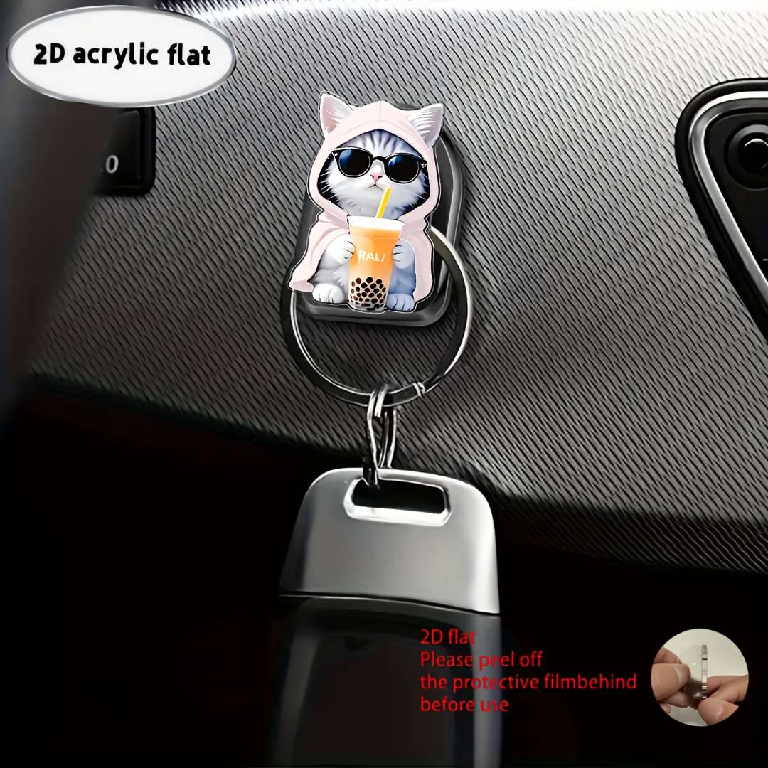 2D Flat Cute Cat Drinking Juice Pattern Adhesive Car Storage Quantity 2pcs