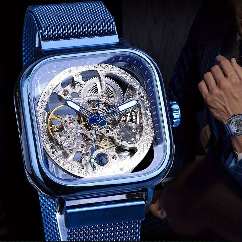 Modern Mens New Blue Square Features Skeleton Design Magnetic Meshcolor Black