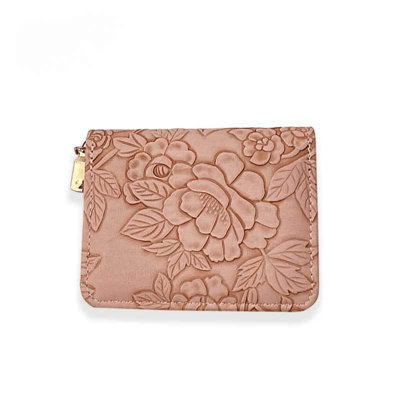 Women'S Pink Embossed Floral Zipper Walletlarge Capacity Card Holder With Chain Strap Elega