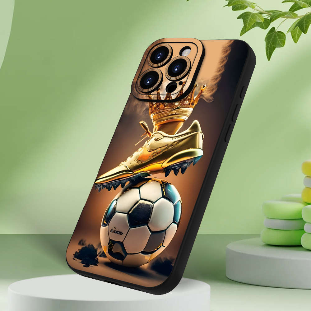 1Pc Black For iPhone 16 Pro Max Crown Golden Boot Soccer Phone Case