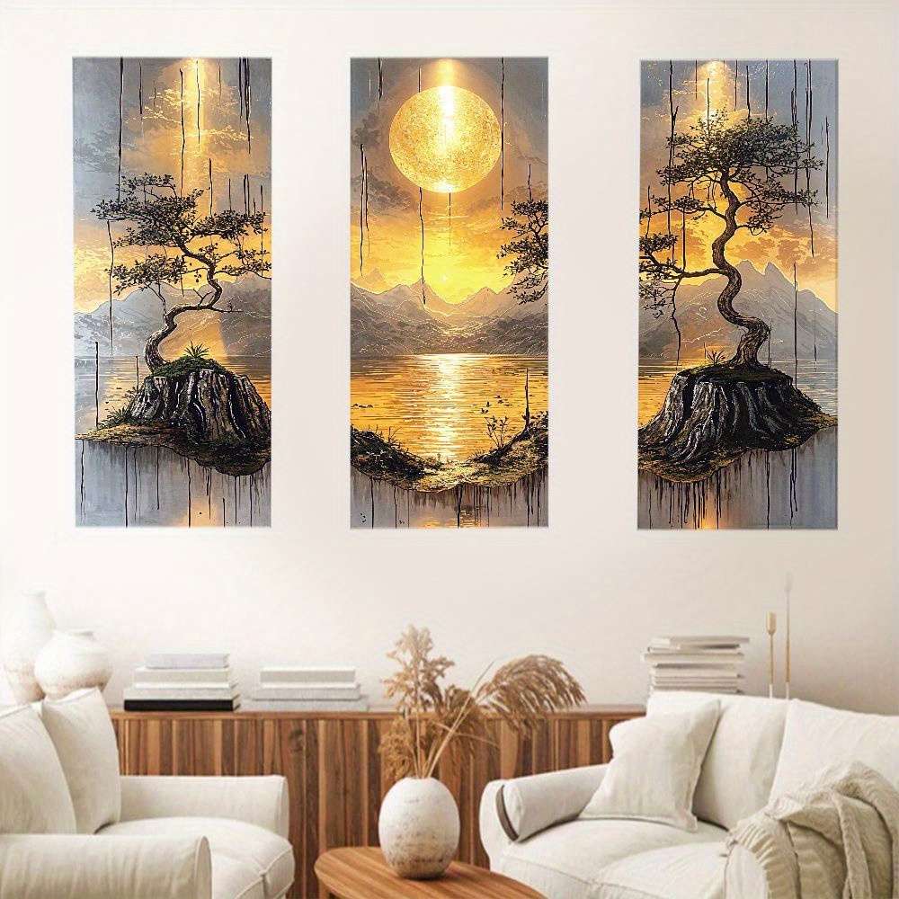3Pcs Classic Leaflure Bonsai Tree Wall Art Golden Sun Mountain Living Room
