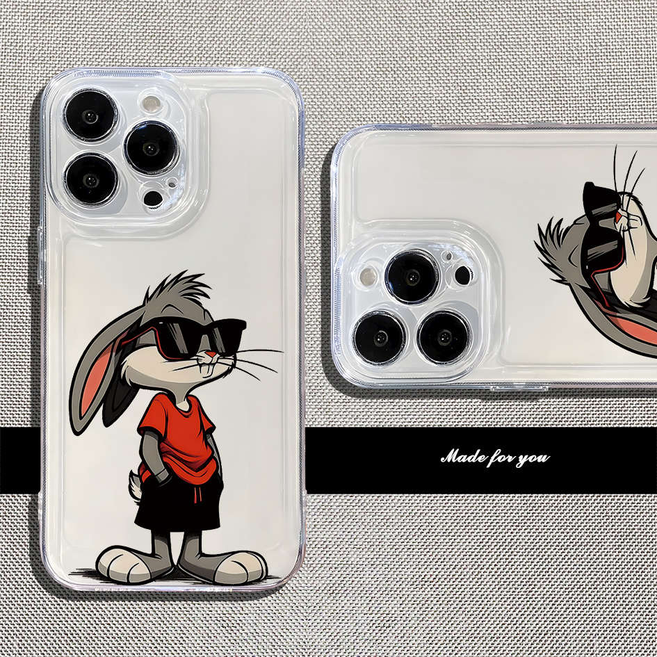 1Pc Transparent For iPhone 16 Pro Max Rabbit With Glasses Phone Case
