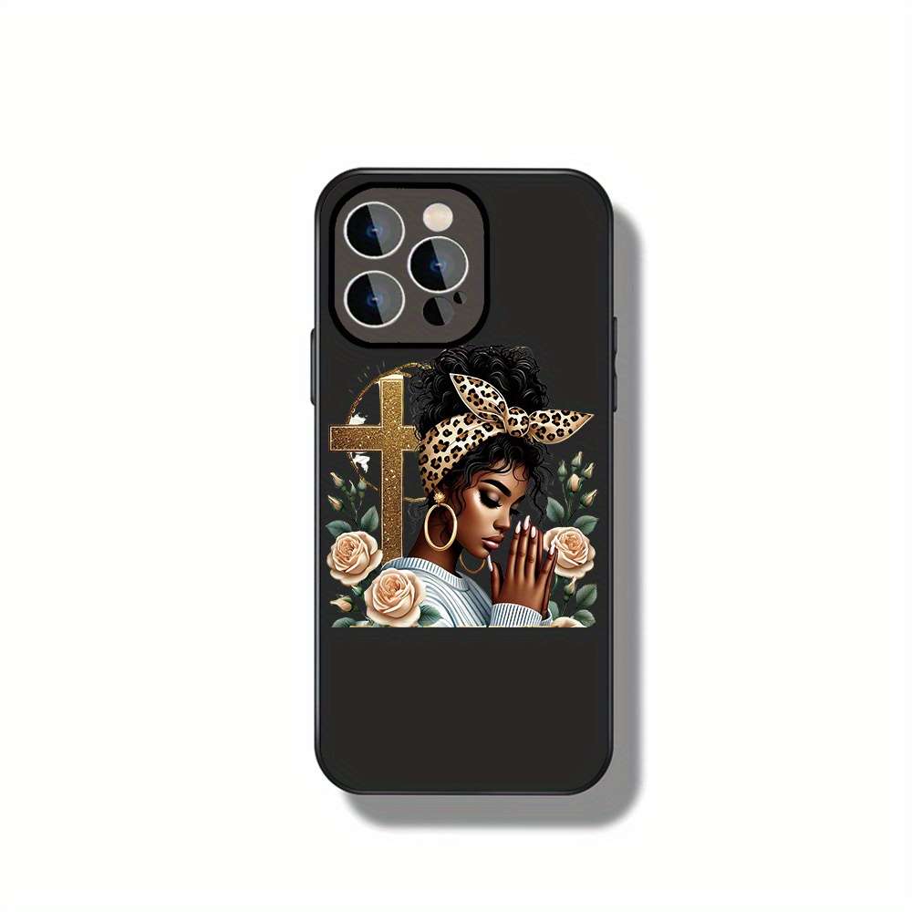 1Pc Black For iPhone 15 Plus Cross And Roses Phone Case