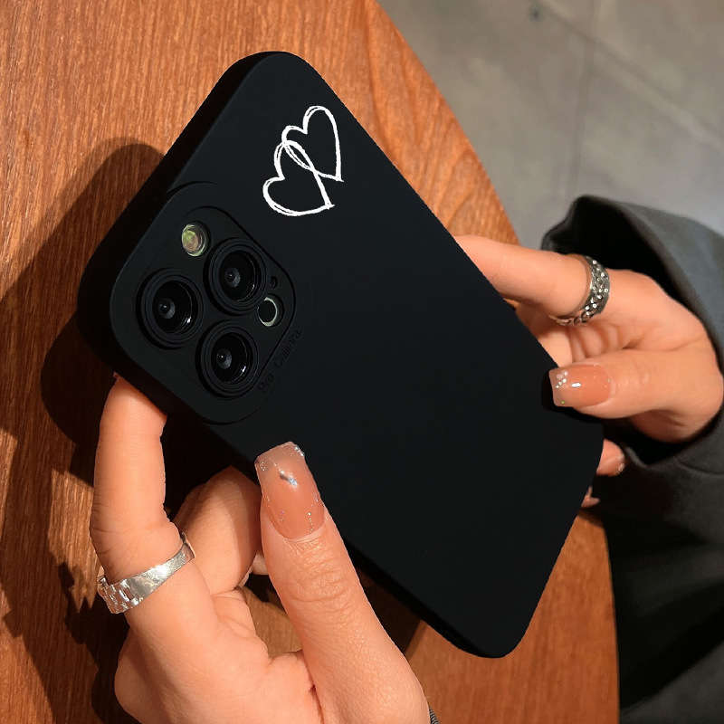 1Pc Black For iPhone 16 Plus Line And Heart Design Phone Case