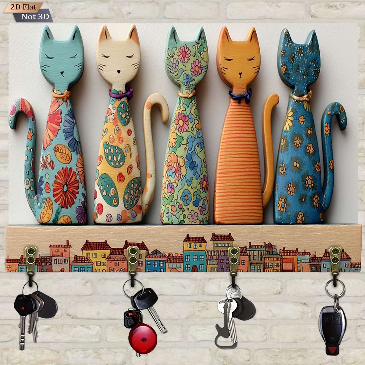 A 2D Wooden Key Holder Featuring A Colorful Cat Design material Wooden