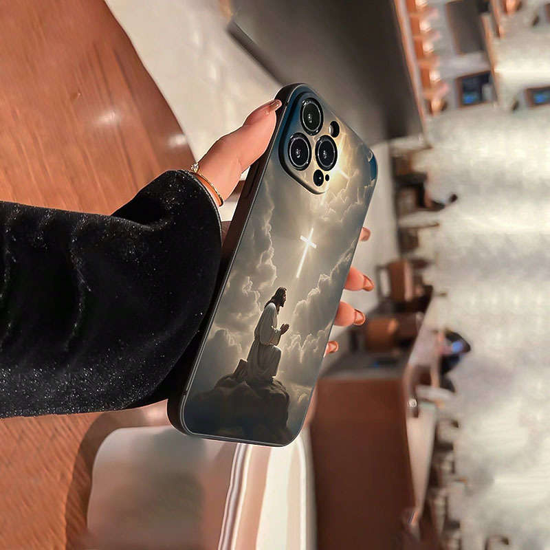 1Pc Black For iPhone 14 Pro Max Jesus Cross Pattern Phone Case