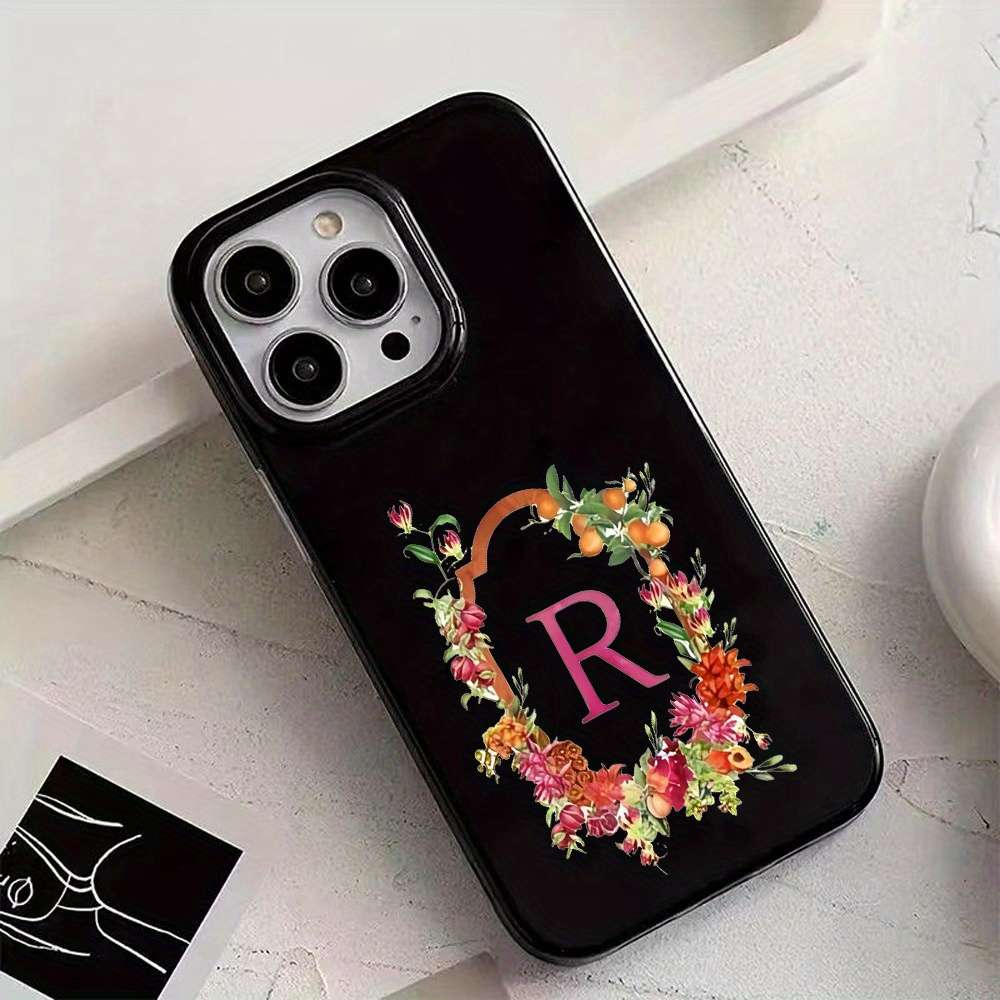 1Pc Black For iPhone 16 Pro Floral Letter R Design Phone Case